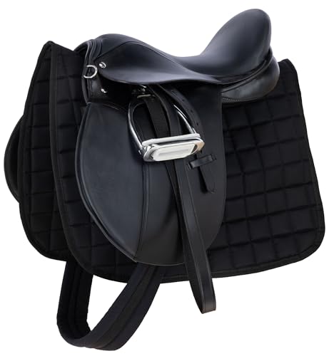 Covalliero Juego de Silla de Montar, versatilidad, Negro, 17,5 Pulgadas, Ancho de la Silla 30,5 cm, Longitud de la cincha 125 cm, cómodo, Buen Ajuste, Incluye Silla y Mantilla