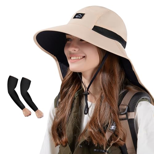 Image of Rosoz Outdoor Sun Hat for Men Women, UPF50+ Protection Safari Cap Wide Brim Mesh Fishing Hat with Neck Flap Beach Garden