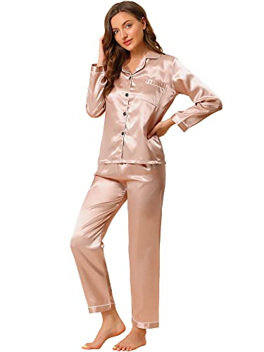 Allegra K Conjuntos de pijama de manga larga ropa de dormir botón abajo suave traje de noche femenino Pj Lounge Sets, Champán, S