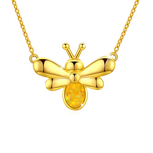 JUSTKIDSTOY Lovely Honey Bee Necklace, Opal Queen Bee Pendant 14K Gold Plated 925 Sterling Silver Insect Jewelry Bumble Bee Gifts for Women
