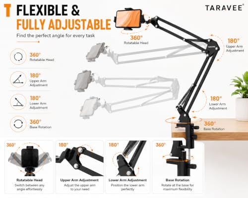 Image of Adjustable Overhead Mobile Holder Stand for Smartphones & Tablets, Metal Arm with 360 Rotation, Anti-Slip Clamp, Flexible Desk Mount for Video Recording, Live Online Classes & Video Calls