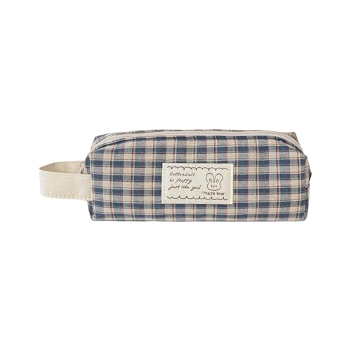 Image of Monolike Unmatched Friends Fabric Check Block Pencil Case, Vintage blue - Aesthetic Gingham Pastel Desk Organizer, Soft Padded Makeup Brush Case, Trendy Minimalist Stationery Pouch