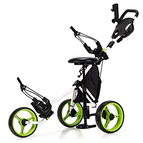 COSTWAY Golf Trolley, 3 Wheel Folding Golf Trolley, Aluminium Golf Caddy with Seat, Adjustable Handles & Front Wheel, Golf Cart with Umbrella Holder & Storage Bag (Green, with Seat)