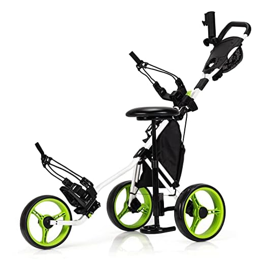 COSTWAY Golf Trolley, 3 Wheel Folding Golf Trolley, Aluminium Golf Caddy with Seat, Adjustable Handles & Front Wheel, Golf Cart with Umbrella Holder & Storage Bag (Green, with Seat)