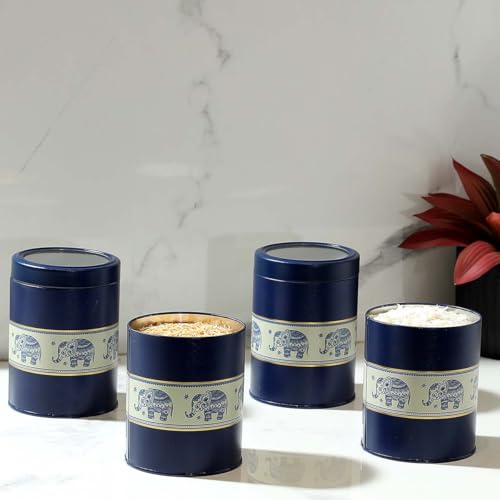 Image of Mandala Collection Airtight Kitchen Container Set| 1100ML- Set of 4| Food Grade Metal Jars for Dals, Millets, Pasta & Dry Food Storage| Vacuum Lid, Rust Resistant| Blue Elephant Canisters