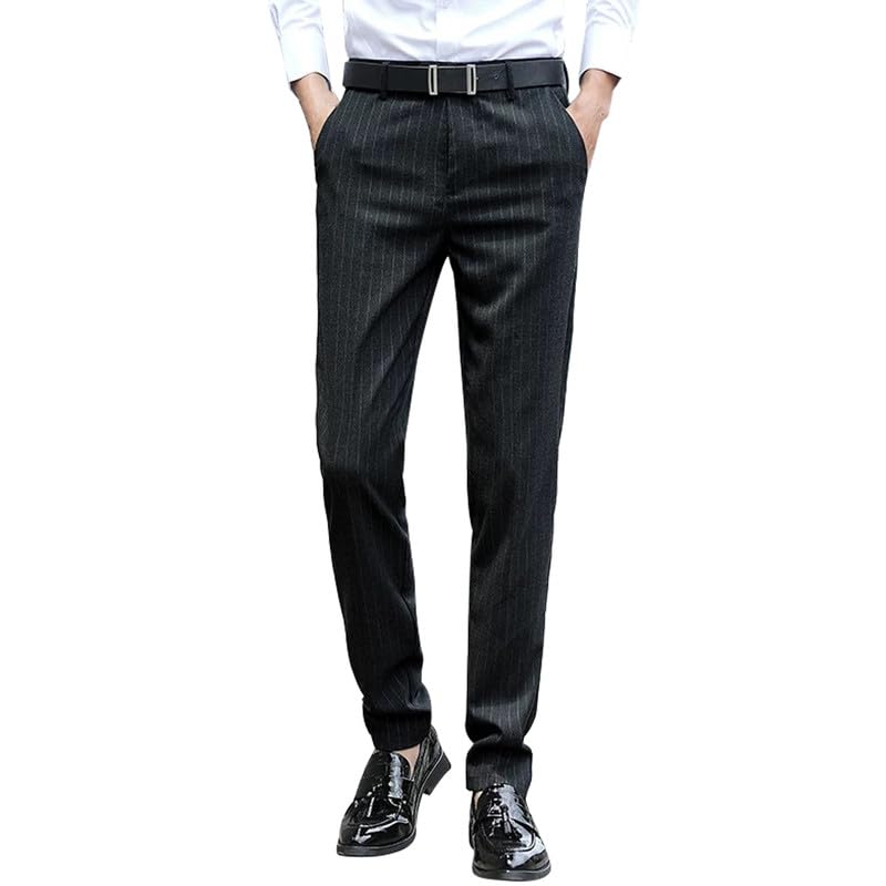 Men's Formal Striped Dress Pants Wrinkle Free Slim Fit Business Flat Front Chino Suit Trousers