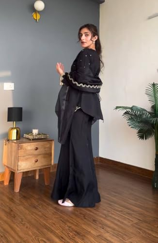 Image of Heavy Embroidered Crepe Silk Top with Sharara Palazzo and Lightweight Organza Dupatta - Festive & Party Ethnic Set for Women