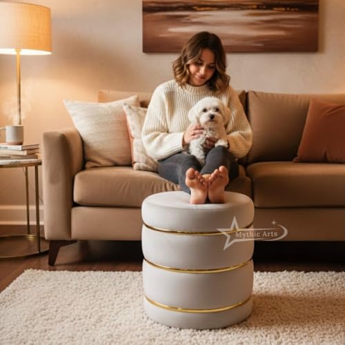 Image of Wooden Puffy Round Footstool and Ottoman Stool for Living Room Furnishings, Sitting Pouffe Ottoman Stool, Office Stool, and Room Decor Cream