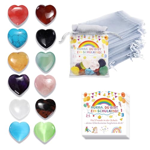 YDUNARISE 36pcs Geschenke zur Einschulung,Glückssteine für Kinder,mit 12x Mutstein zur Einschulung & Ermutigungskarte & Organzabeutel,Glücksbringer Mitgebsel für Schulkind (Mutstein zur Einschulung)
