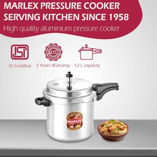 Image of Marlex Deluxe 12 Litre Outer Lid Aluminum Pressure Cooker | Gas Stovetop Compatible Cooker, Non Induction Base, Metallic Safety Plug, ISI Certified | Silver - 5 Years Warranty