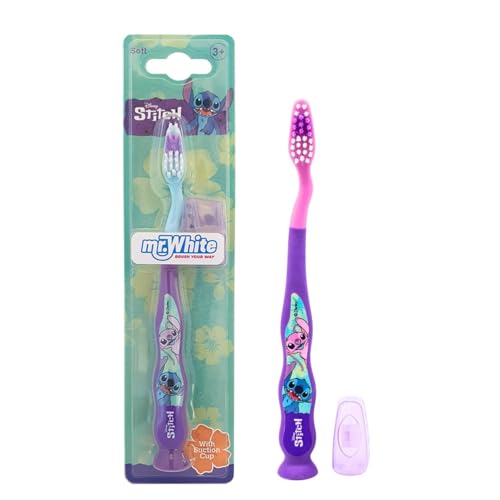 Spazzolino da denti piccoli Disney Stitch per bambini con cappuccio di protezione, setole morbide arrotondate, impugnatura comoda e ventosa per riporre in posizione verticale, per bambini dai 3 anni
