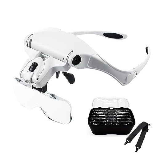 Lupa vestível,Lupa 9892B2 para leitura com luz LED e faixa de cabeça Lupa de cabeça mãos livres com 5 lentes 1,0X 1,5X 2,0X 2,5X 3,5X