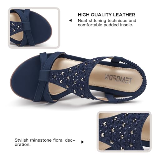 TEMOFON Sandals for Women Wedge Dressy: Summer Open Toe Dress Sandal Comfortable Casual Low Platform Beach Shoes Dark Navy Blue Size 8