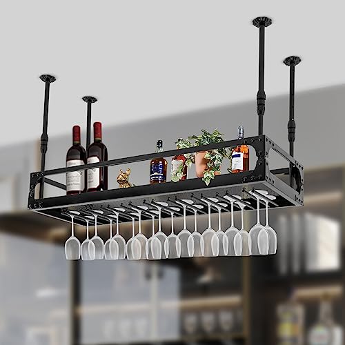 Begoniape Étagère plafond - Porte-bouteilles Vin - Rétro - Décoration Fer - Hauteur réglable - Jusqu'à 50 kg - Bar, café, Cuisine - Noir (100 x 35 x 35-55 cm)