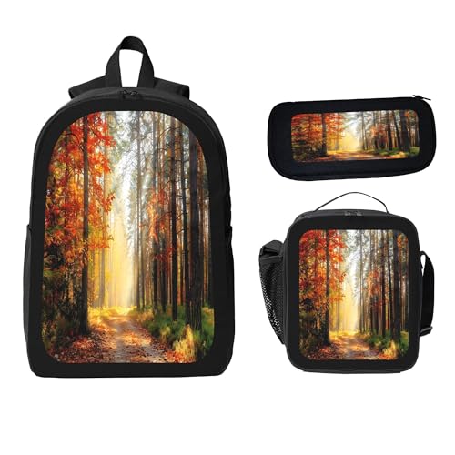 3PCS Backpack for Women Men With Lunch Box Pencil Bag 17 Inch Lightweight Adjustable Strap Back Pack 3 In 1 Set Forest Season Autumn Casual Daypack Unisex Fit Travel Work Camping