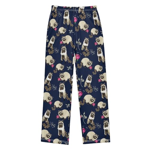 Raccoon Rose Floral Boys Long Pants Soft Trousers Elastic Waist Kids Lounge Bottoms with Pockets S-XL