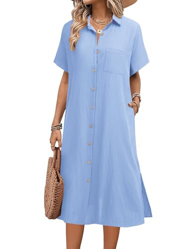 Image of HOTOUCH Womens Dress Summer Casual Midi Short Sleeve Button Down Shirt Dresses Loose Beach Cover Up with Pockets