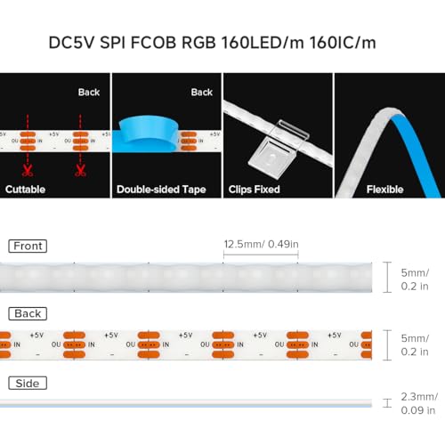 Image of WS2812B Addressable LED Strip 6.56ft 160LEDs /m High Density 5V RGB Individual Lighting 320 ICS Flexible 5mm COB Uniform Light for Bedroom Car Decor | No Controller /Adapter