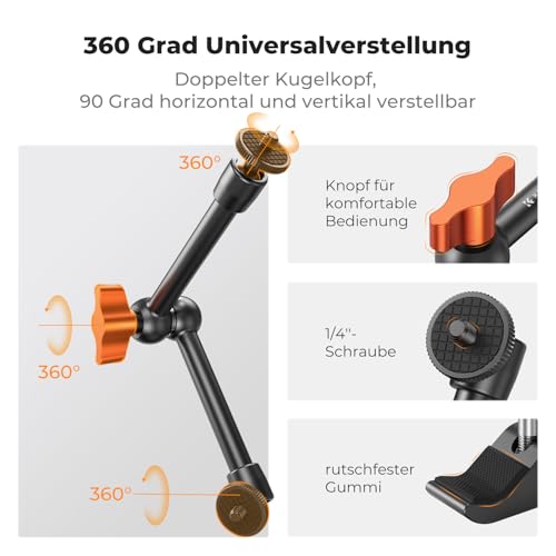 K&F CONCEPT 9,8 Zoll Magic Arm mit Super Clamp, Kamera Halterung für Käfig Monitor LED Licht Action-Kamera, 2 KG Belastung