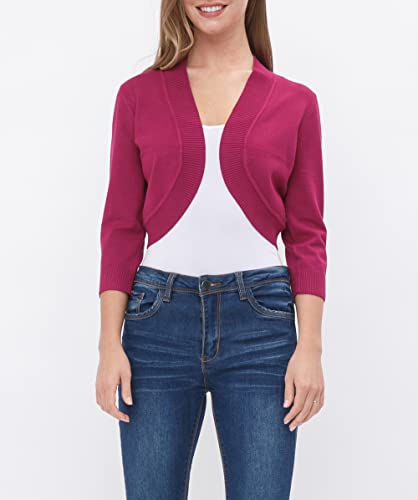 Comfy World Women's Classic 3/4 Sleeve Bolero Shrug Soft Knit Slim Fit Ribbed Hem Open Front Cropped Cardigan Sweater Magenta S #TOP1