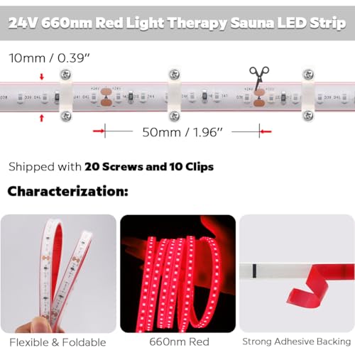 Image of 660nm Red Light Sauna LED Strip, Heat-Resistant IP68 Waterproof Flexible LED Tape Light, 24V 600 LEDs 5m /16.4Ft for Relaxation and General Lighting Use (660nm Red)