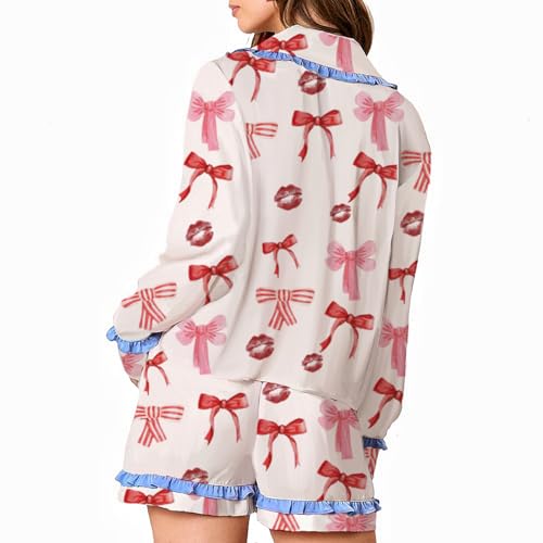 Image of Tenopuli Women Silk Satin Pajama Set Heart Print Bow Tie Long Sleeve Top Shorts Sleepwear Cute 2 Piece Loungewear