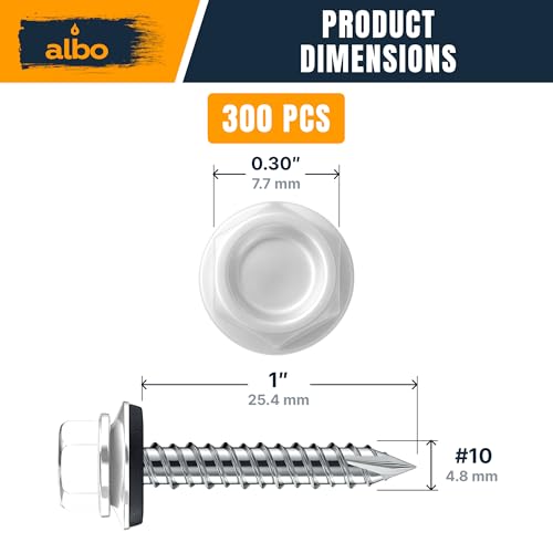 Image of ALBO 300 Pcs #10 x 1 White Metal Roofing Screws, EPDM Washers | High-Low Threads Help Prevent Loosening, Leak-Resistant Seal, Sharp Point Helps Skip Pilot Holes, Hex Bit Included