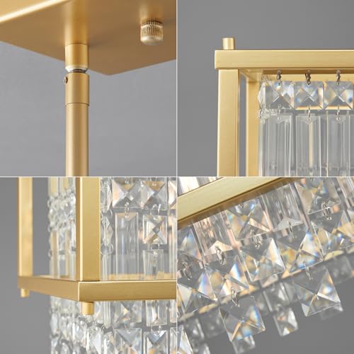 Image of LMQNINE Modern Rectangle Chandelier for Dining Room, Gold Crystal Chandelier Linear Light Fixture, Farmhouse Chandeliers for Kitchen Island, Bar Table, L25.98'' x W9.84'' x H8.66''