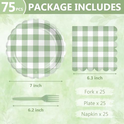 Image of Mulbozy 75 Sage Green Gingham Paper Plates and Napkins Disposable for Party