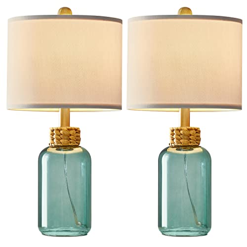 G-Safava 20.25 Inch Modern Glass Table Lamp Set Of 2, Small Farmhouse Bedside Lamp Blue Green Nightstand Lamp For Living Room Bedroom Office Dorm #TOP5