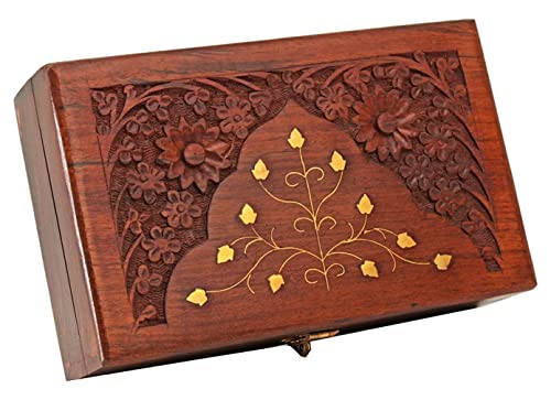 ZYNTIX Caja de joyería de madera hecha a mano para mujer, talla de latón, 6 x 4 pulgadas (estándar)