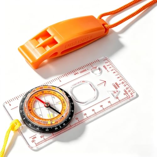 Jetfree Navigation Compass Survival Equipment Professional Compass Hiking set with Baseplate for Map Reading Ideal Outdoor Gift for HikingCampingSurvival (Orange-whistle)