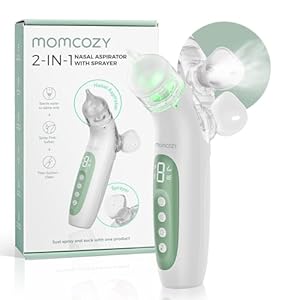 Momcozy BreezyClear™ 2-in-1 Electric Nasal Aspirator for Baby with Spray, 65kPa Hospital-Grade Suction, 4 Adjustable Levels, Quiet & Portable Nose Cleaner with Soothing Light & Music