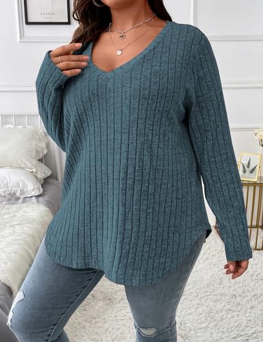 Image of Koscacy Women Plus Size Casual Knit Sweater V Neck Solid Color Tops Lightweight Long Sleeve Blouses