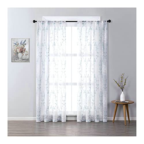 KnBoB Vorhänge Transparent Kinderzimmer, Polyester Blau Grün Blumen Bestickt Gardinen mit Stangendurchzug Voile Gardinen 86 x 214 cm