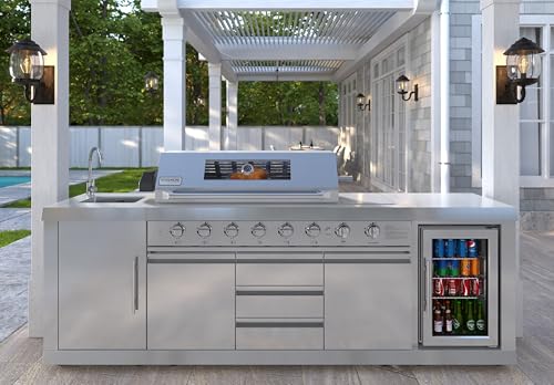 Image of KoolMore Reserve Outdoor Kitchen Island with 6 Burner Grill and a Side Burner, Sink, Storage Cabinet and Beverage Refrigerator, CSA Listed in Stainless-Steel