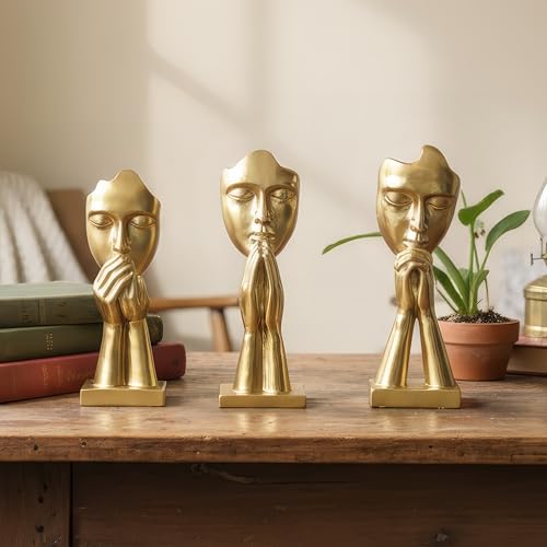 Statue de prière déco maison en lot de 3 pièces, sculpture abstraite or pour bibliothèque