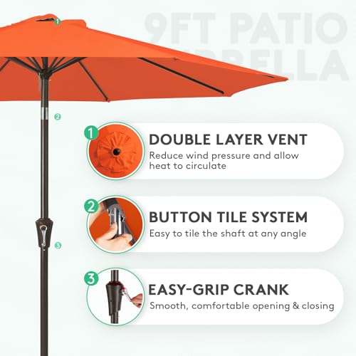 Image of JEAREY Outdoor Patio Umbrella 9FT Outdoor Table Umbrella with Push Button Tilt and Crank, Market Umbrellas 8 Sturdy Ribs UV Protection Waterproof for Garden, Deck, Pool (Red Orange)