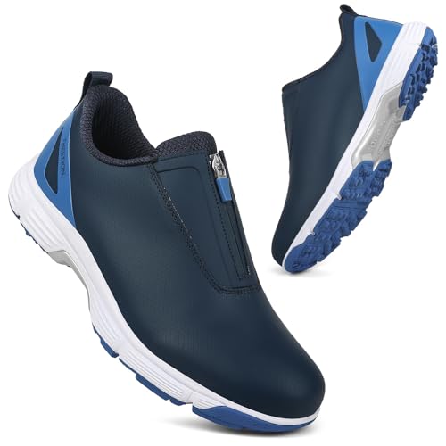 THESTRON Men Waterproof Golf Shoes Zipper Golf Shoes Professional Spikeless Golf Sneakers Male Golf Sports Walking Shoes Comfortable Golf Footwears for Men (14,Dark Blue)