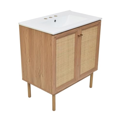 Image of Swiss Madison Classe 30 in. Brown Oak Bathroom Vanity with White, 3-Hole Ceramic Sink Top