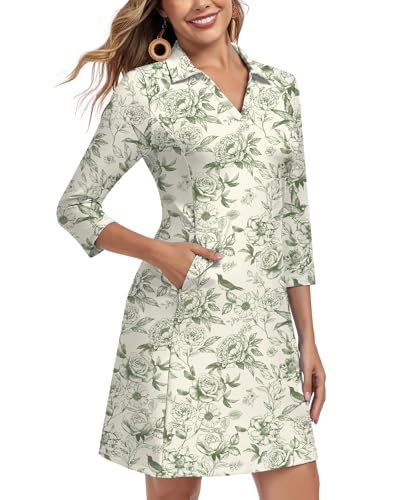 Image of WOWENY 3 /4 Sleeve Dress for Women with Pockets V Neck UPF 50+ Casual Sun Dress Breathable Quick Dry Beach Vacation