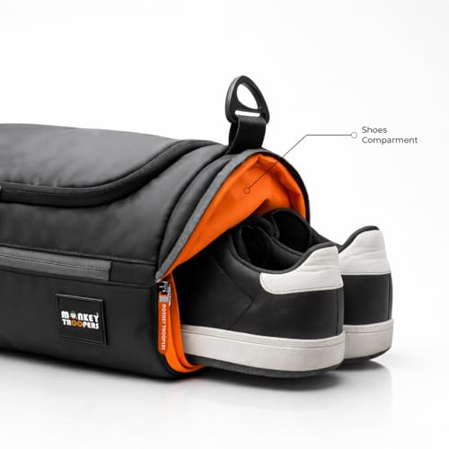 Image of MONKEY TROOPERS Pumppack Unisex Duffle Bag 16L | Polyester, Black | Water-Resistant, Shoe Compartment, 2 Quick Zipper Pockets, Inner Organizer, Gym /Travel Use Dual Handles with Detachable Strap
