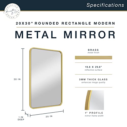 Image of MCS Master & Co. Metal Rectangle Mirror, 20x30, Brass | Modern Metal Rectangle Mirror With Rounded Corners, Minimalist Home Decor For Living Room, Bedroom, Or Bathroom, 20x30, Brass