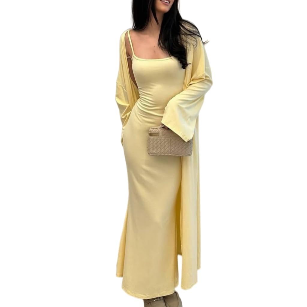 Conjunto 2 Piezas Mujer Conjunto De Dos Piezas Para Mujer Cárdigan Largo Abierto Por Delante Y Vestido Maxi Ajustado Sin Mangas Ropa De Estar Por Casa Elegante E Informal Conjunto A Juego Para Oto