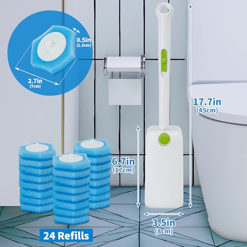 Image of Disposable Toilet Brush and Holder Set, 24 Toilet Bowl Cleaner Wand Refills | Wall Mounted Disposable Toilet Cleaning Set, Pre-Soaked Toilet Bowl Cleaner, Bathroom Cleaning System for RV Bathtub Sink