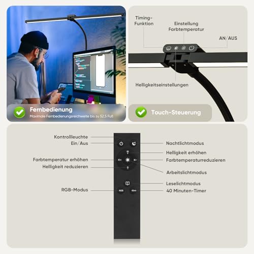 vatato Doppelkopf LED Schreibtischlampe mit RGB,24W Dimmbar Schreibtischleuchte mit Fernbedienungen, Klemmbar Tageslichtlampe mit Stufenlose Dimmung&Farb,Büro Tischlampe für Home&office(schwarz)