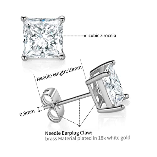 5 Pairs 18K White Gold Plated Princess Cut Clear Cubic Zirconia Stud Earring Pack #TOP7