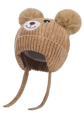 Bambini Cappello Invernali Cappello Lavorato Cappello Caldo per paraorecchie Berretto in Maglia Bambina Lavorato a Maglia del Fumetto di Stampa Animale Cappello della Peluche,Beige