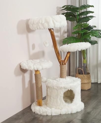Torre para gatos moderna con árbol natural de madera blanco miniatura 2