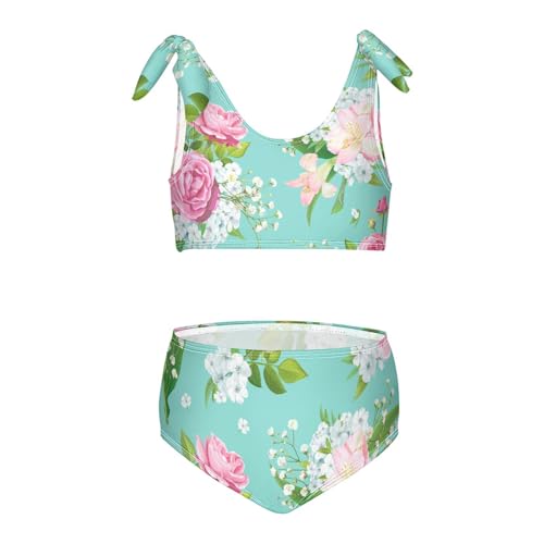 Girls Roses Light-blue Phloxes Pattern Swimsuit Two Pieces Bikini Set Bathing Suits Swimwear Crop Top Swimsuit Set